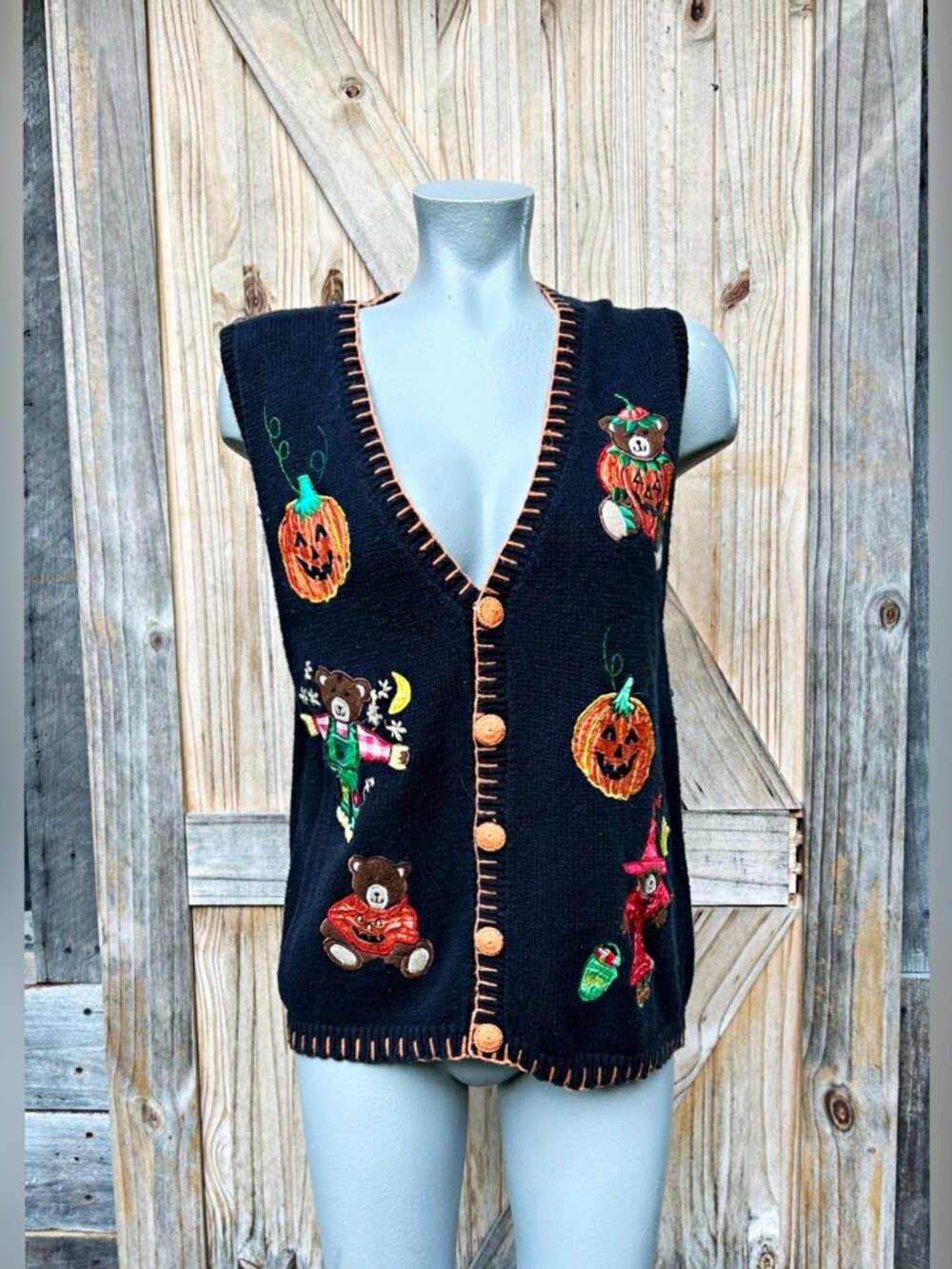 Vintage Basic Edition Black Orange Teddy Bear Pumpkins Halloween Sweater Vest~L~